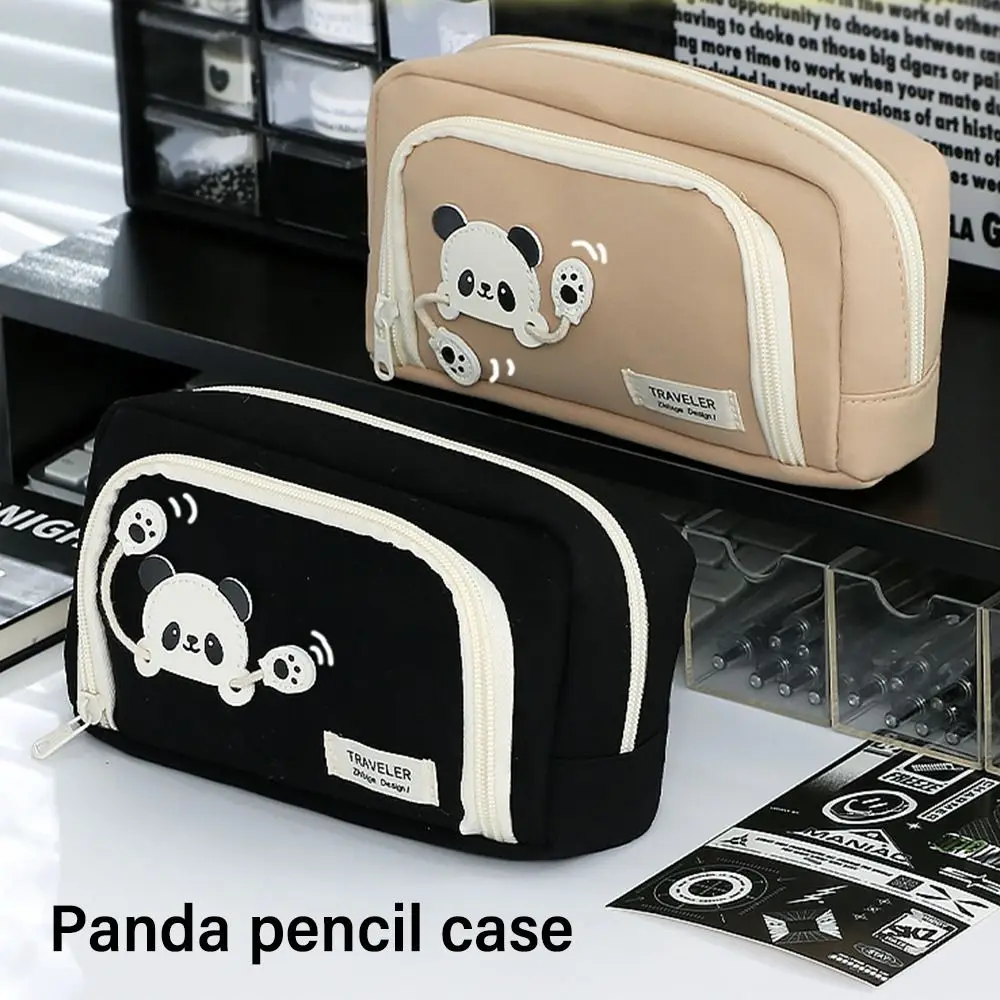 Doppio strato di grande capacità cartone animato Panda penna borsa studente astuccio cerniera cancelleria organizzatore forniture per ufficio scuola