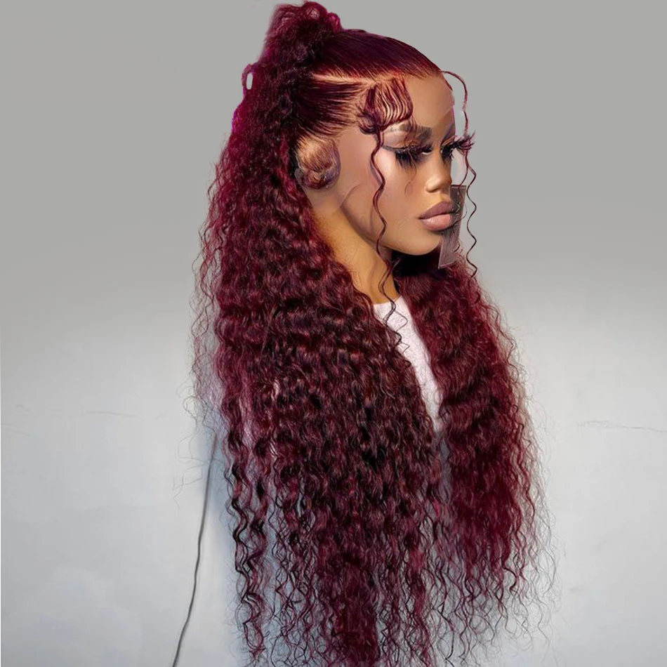 26 Inch Long Burgundy Preplucked 180%Density Glueless 99j Kinky Curly Lace Front Wig BabyHair Heat Temperature Daily Cosplay