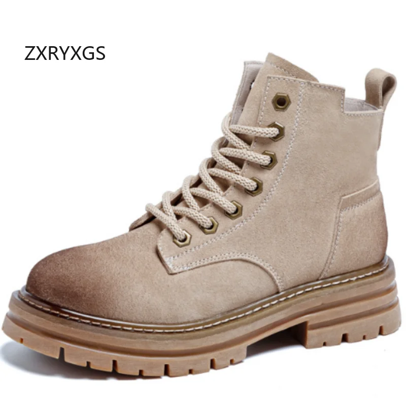 

ZXRYXGS женские кожаные ботинки из матовой воловьей кожи на шнуровке с боковой молнией, римская обувь на среднем каблуке, 2021, темпераментные элегантные осенне-зимние ботинки