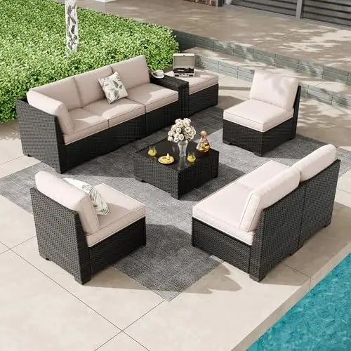 

9 Pieces Outdoor Patio Furniture Set, Wicker Conversation Sets with Tea Table, Rattan Patio Sofa with Thick Cushions