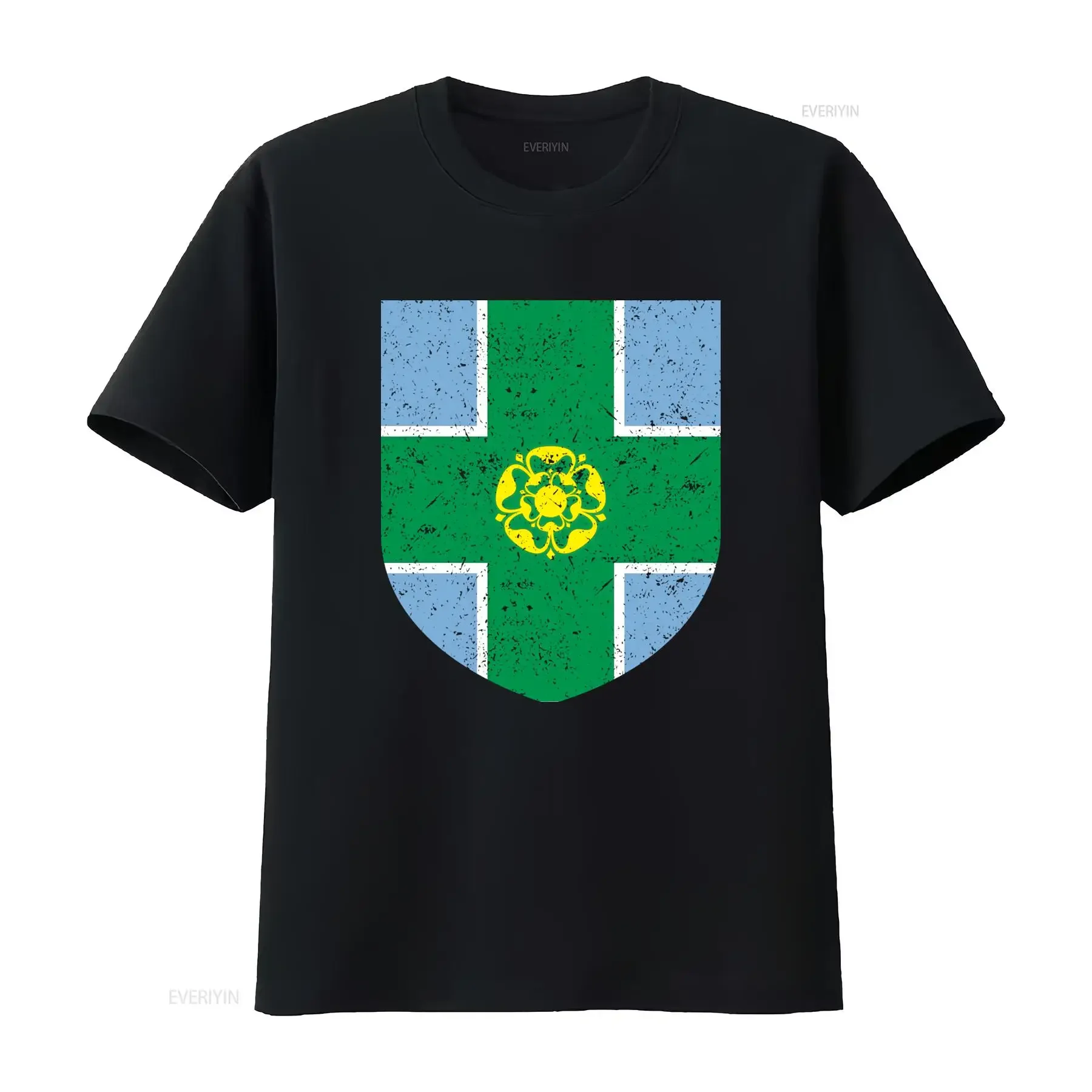 Mens Derbyshire County Shield Badge T Shirt Ideal for Cricket Sport Enthusiasts vintage Washed Breathable streetwear graphic