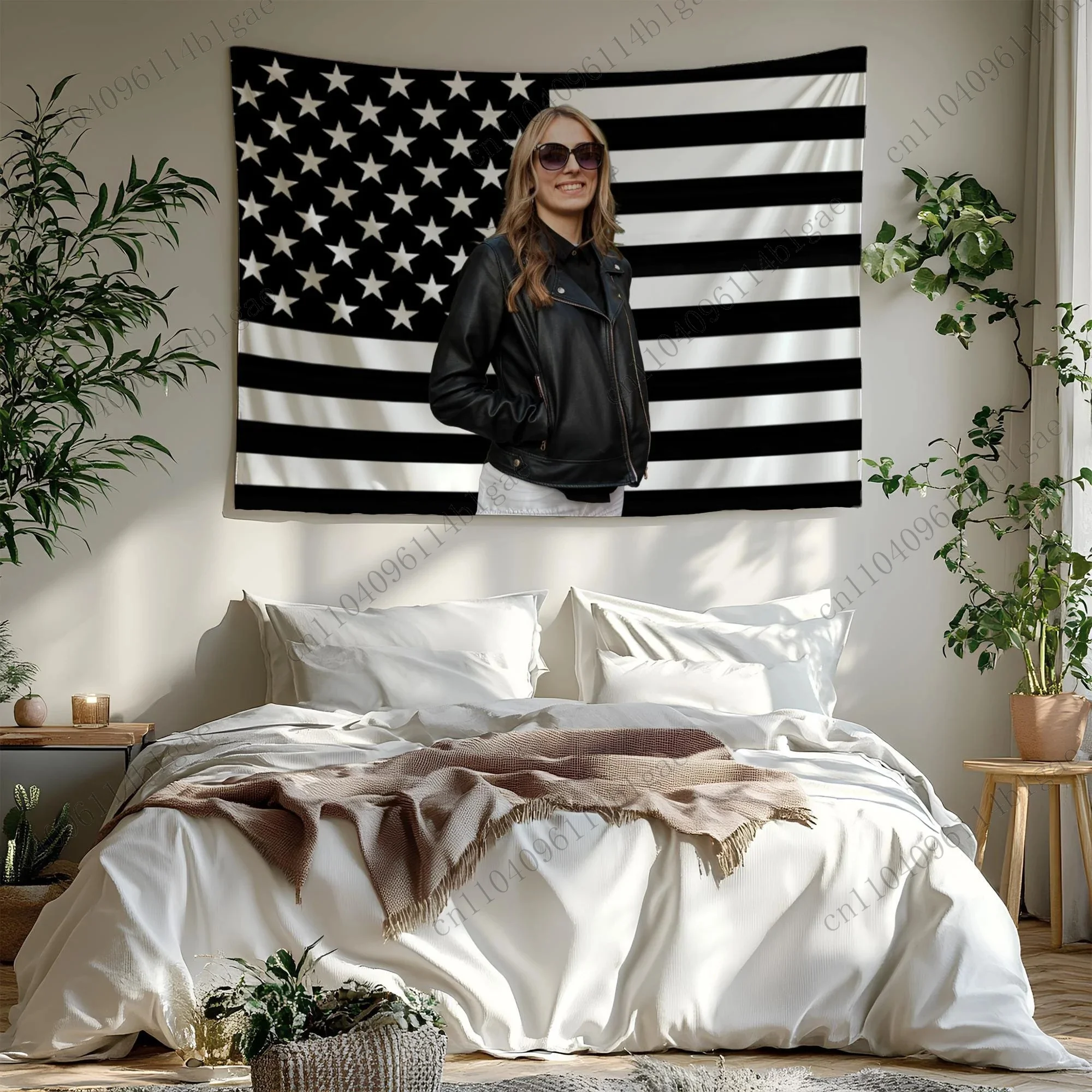 

Stylish Woman on Black and White American Flag Tapestry Patriotic Portrait Wall Art Aesthetic Idol Room Decor Fandom Wall Art
