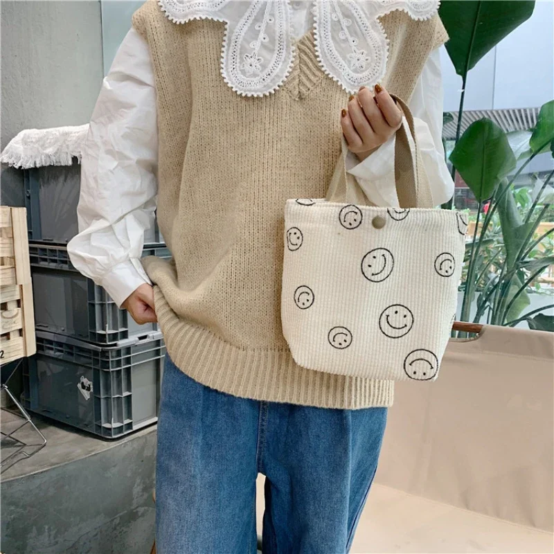 Ins Corduroy Vintage Tote Bag Artsy Student Mommy Bento Bag Commuter with Lunch Box Bag Woman