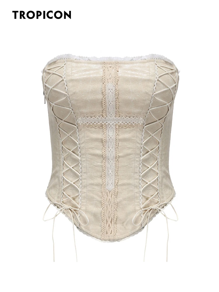 TROPICON Renaissance 2 Piece Bandage Corset Top Leather Cross Backless Tube Top Beige Bustiers Corsets Vintage Summer Top