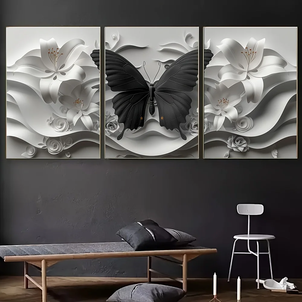 

3pcs/set Modern Canvas Wall Art Set Butterfly Floral Flower Home Decor Poster Frameless Prints for Living Room Home Office