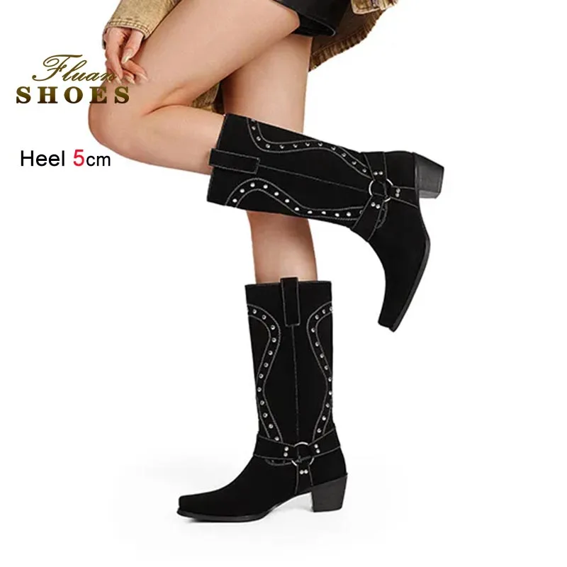

2026 Autumn Winter Knight Boots Women Knee Length Boots Fashion Rivet Leather Buckle Tall Boots Casual Coarse Heel Long Boots CD