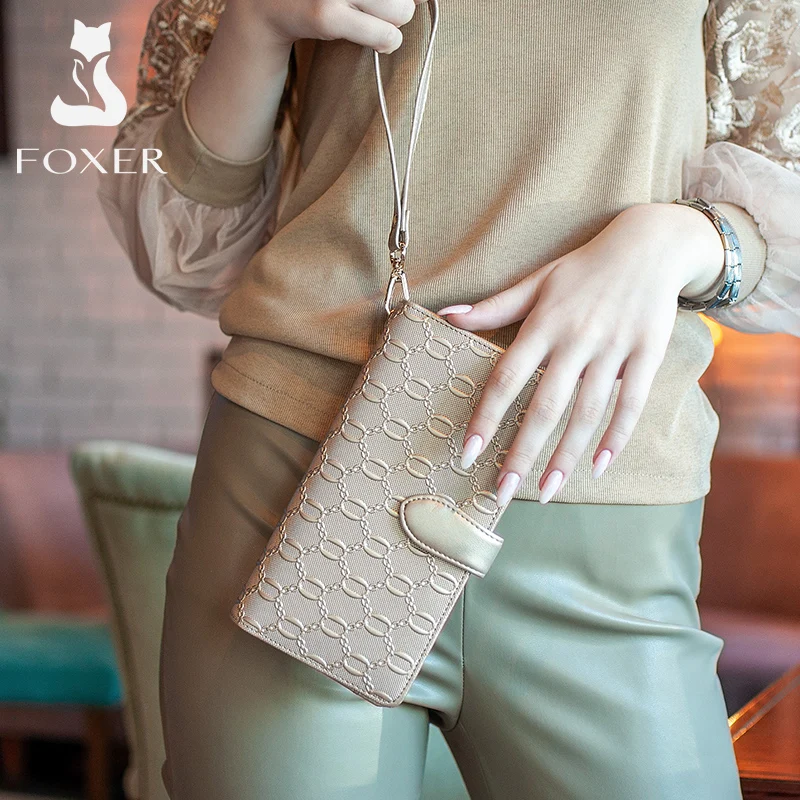 FOXER Split Leather Women\'s Long Wallet Embossed Pattern Phone Purse Lady Multi-Card Holder Clutch Purse with Wrist Strap