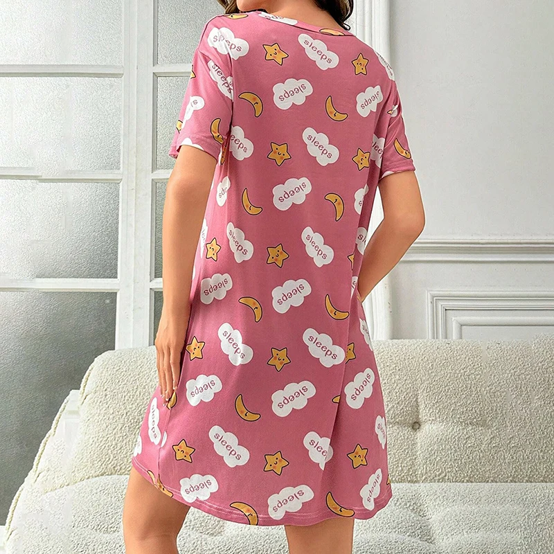 Womens Cartoon Pattern Print Nightgown Summer Short Sleeve Nightdress Loungewear Loose Breathable Sleepwear Home Clothes Pyjamas