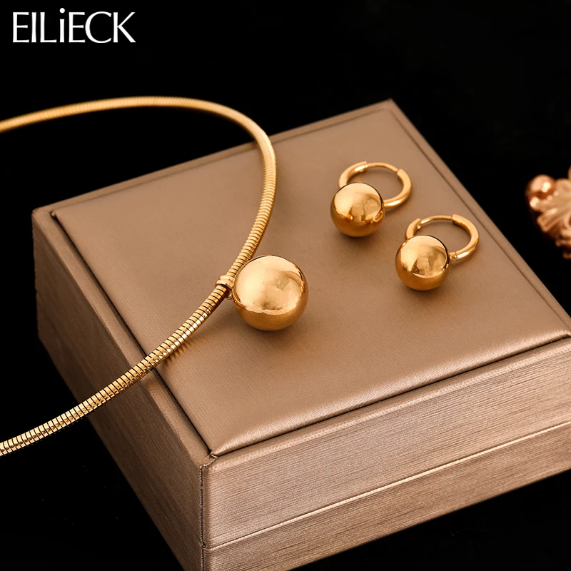 

EILIECK 316L Stainless Steel Glossy Bead Balls Necklace Earrings For Women New Party Gift Waterproof 18K Gold Plated Jewelry Set