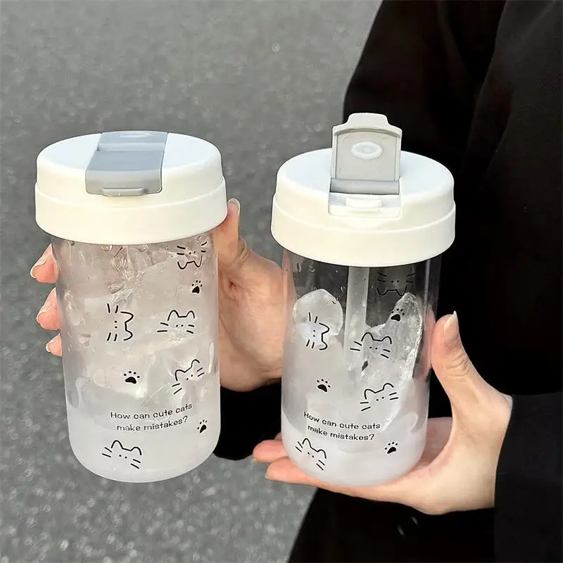 500ml Cute Cat Print Leakproof Straw Cup Portable Reusable Water Bottle for Women Girls Coffee Milk Juice Office School Travel view 2