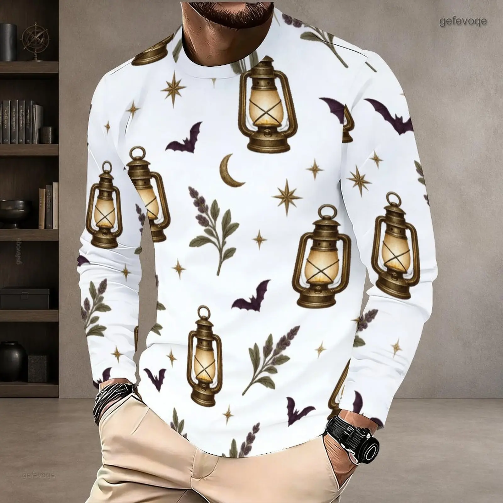 Men White Printed Round Neck Long Sleeve Pullover T-Shirt with Rope Framed Floral, Pumpkin and Star Motifs