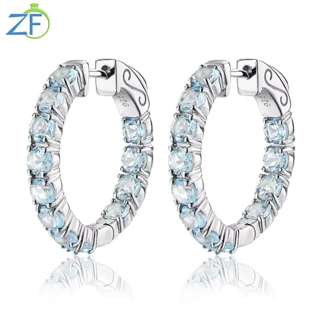 GZ ZONGFA 925 Sterling Silver Clip Earring for Women Rhodium Plated Natural Blue Topaz Colorful Small Hoop Earring Fine Jewelry