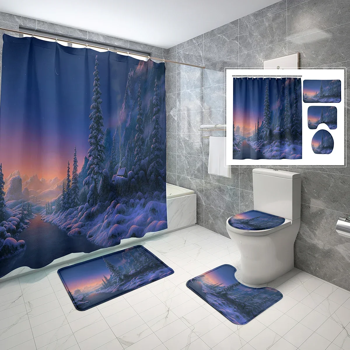 

4 Pcs Winter Tree Shower Curtain Sets with Toilet Lid Cover and Non-slip Bath Mat Art Snow Forest Waterproof Shower Curtain Set