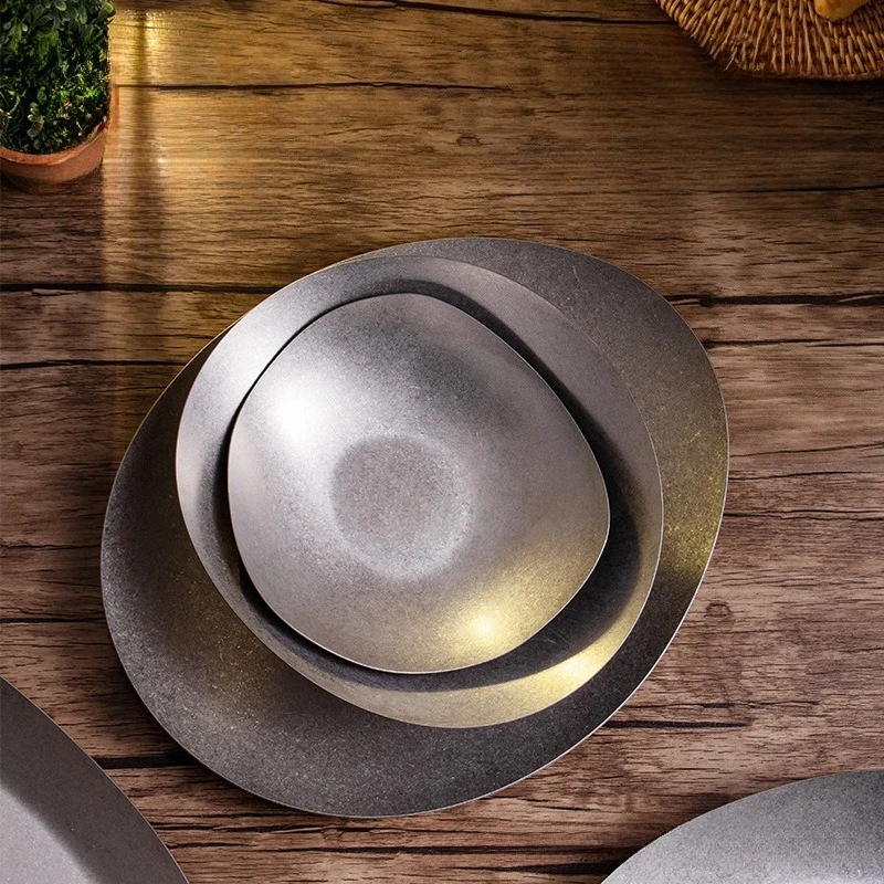 

Нержавеющая сталь 304, снежно-серый веерообразный овальный треугольный конус, тарелка для рыбы, промышленная винтажная посуда