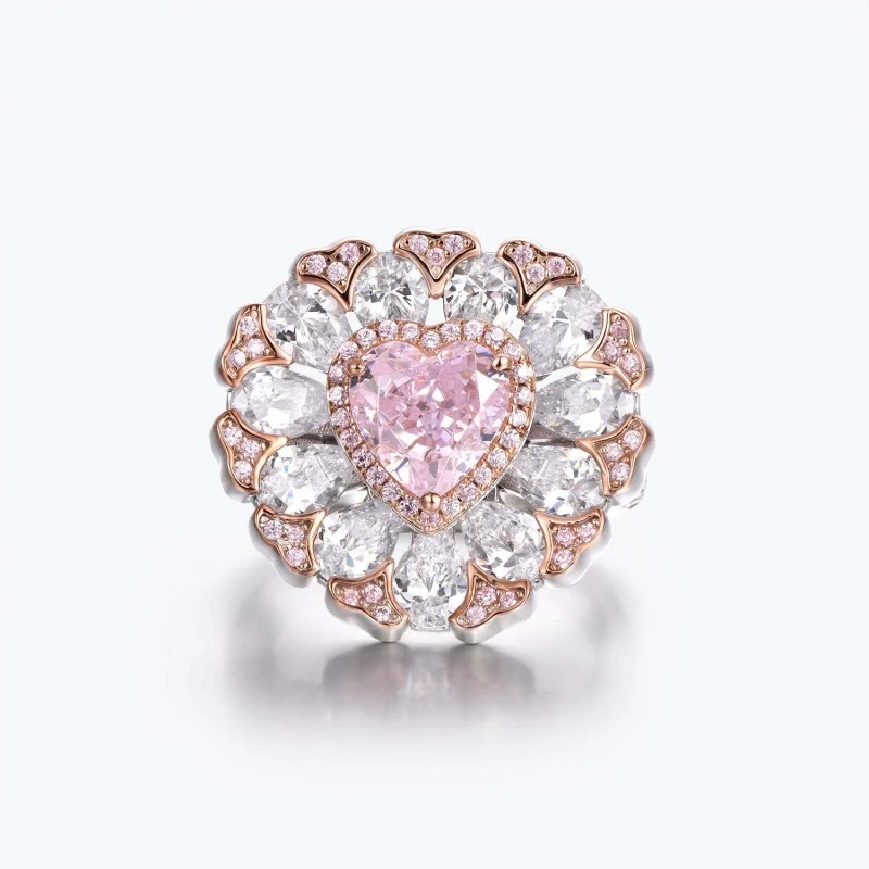 

BELLUX Luxury and Elegant S925 Silver Plated K Gold Colorful Pink Cherry Blossom Pink Heart Shaped Zircon Ring Women's Ring