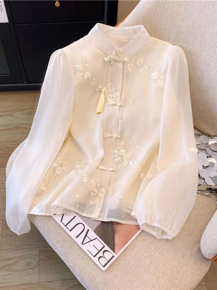 New Chinese style style buckle chiffon shirt feminine long-sleeved horse-faced skirt top