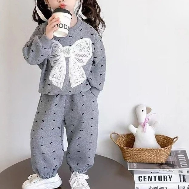 2026 Autumn Winter Korean Style Girls Non-Velvet Two Piece Set Bow Decor Fashion Sweater Outfit