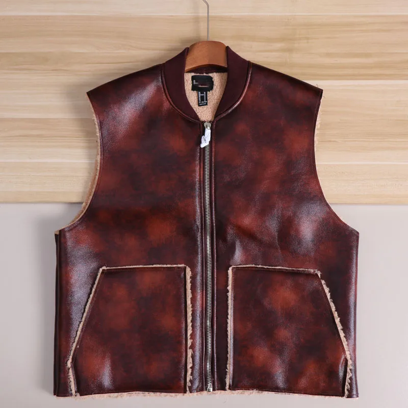 

Thiened PU Leather Men's Baseball Collar Lamb Fur Vest Jaet Inteated Leather And Fur Autumn Winter Faion Ci Sle