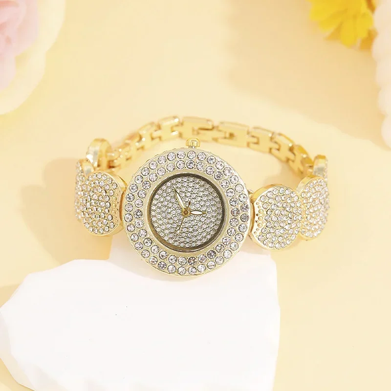 Luxury Rhinestone Quartz Bracelet Watch Fashion Analog Wrist Watch & 4pcs Jewelry Set, Gift For Women Her