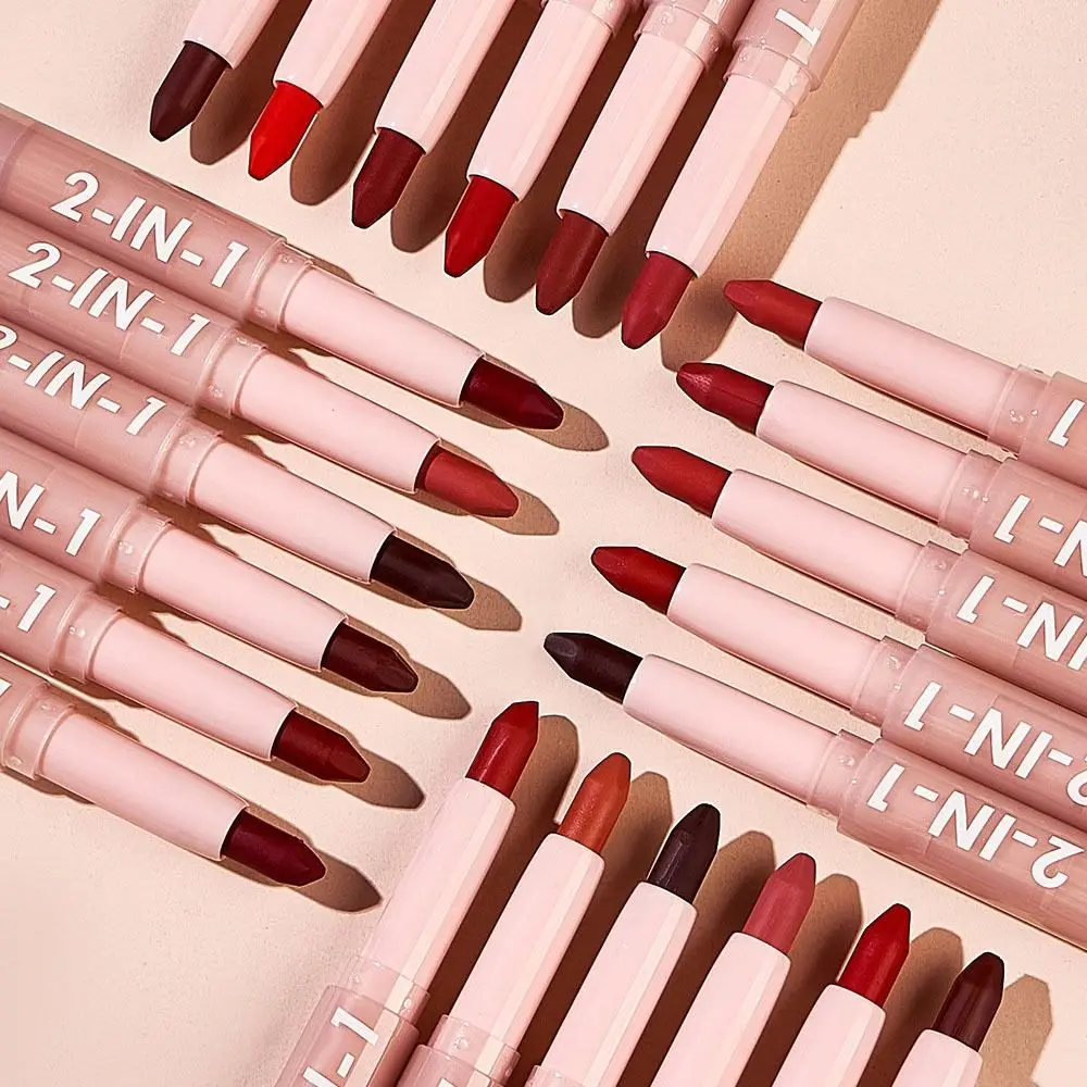 Matte Double Head Lip Liner Pencils Portable Non-Stick Cups Long Lasting 2 In 1 Lipstick Silky Tint Lipliner Pen Women