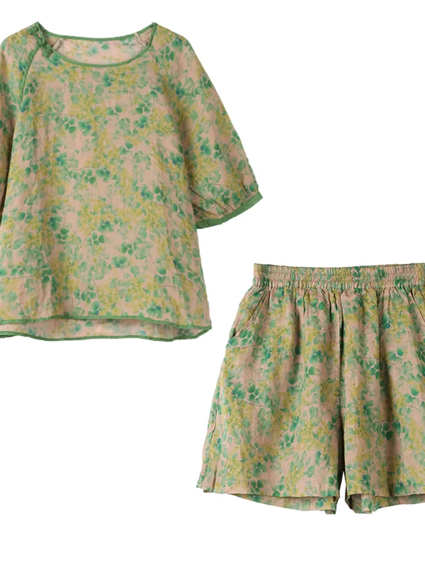 Ele Set irt orts con stampa in cotone e lino Completo estivo Faion da donna Completo in due pezzi con bottoni e dettagli