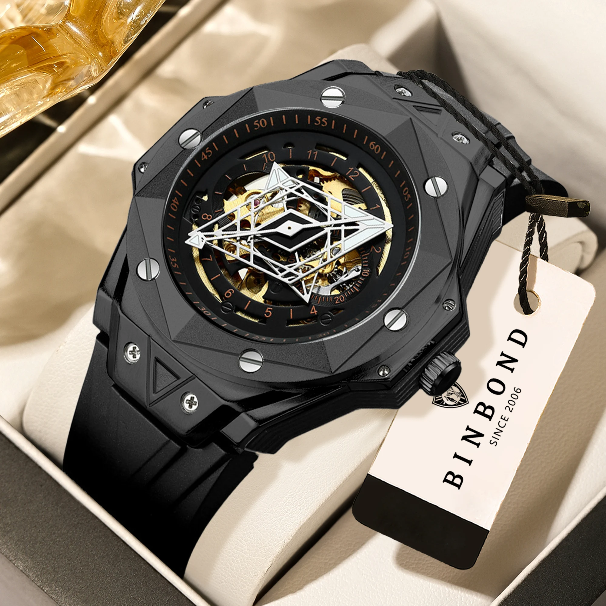 BINBOND automatic precise tourbillon men's watch mechanical wristwatches for men luxury luminous waterproof skeleton reloj