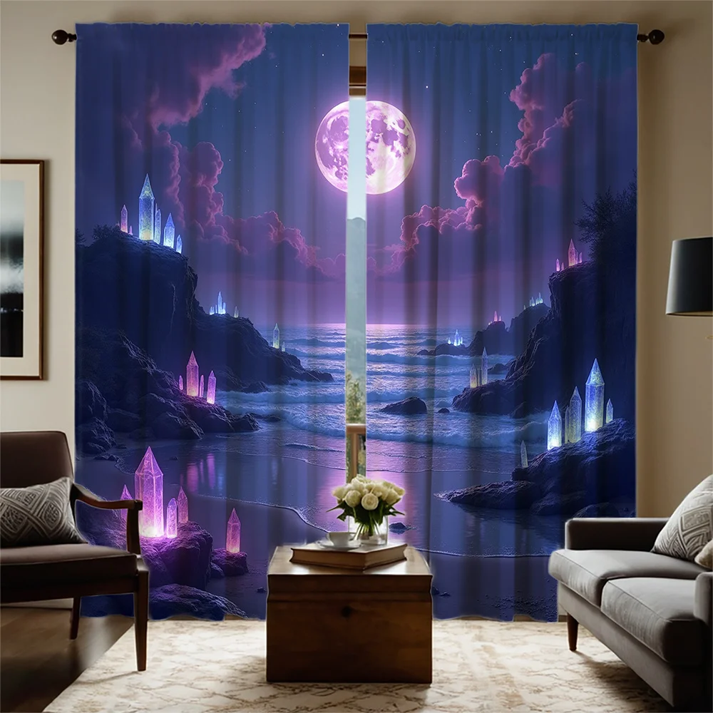 2pcs Enchanting Beach Crystal Night Print Curtains - Dreamy Purple & Pink Sky with Luminous Crystals, Semi-Transparent Polyester