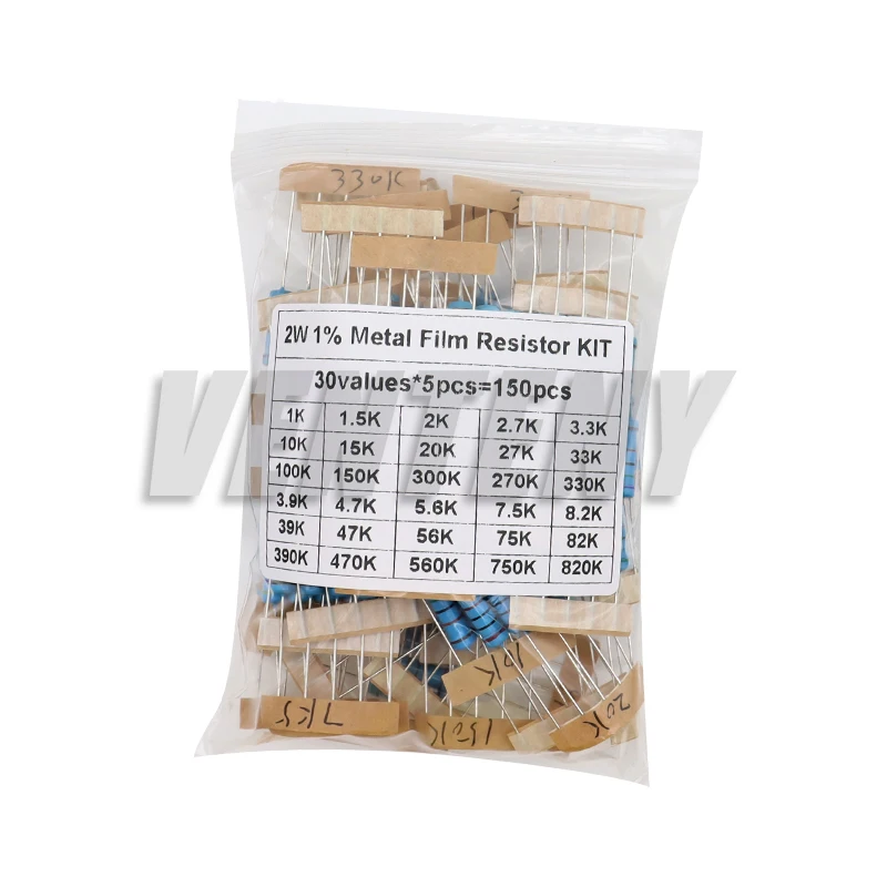 150PCS 300PCS 1/2W 1W 2W 3W Resistance 1% Metal Film Resistor Assortment Kit Set 30values 1R~750R 1K~820K Ohm