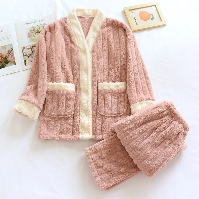 New winter women\'s pajamas long-sleeved trousers two-piece thickened flannel suit coral fleece warm home clothes sleepwear