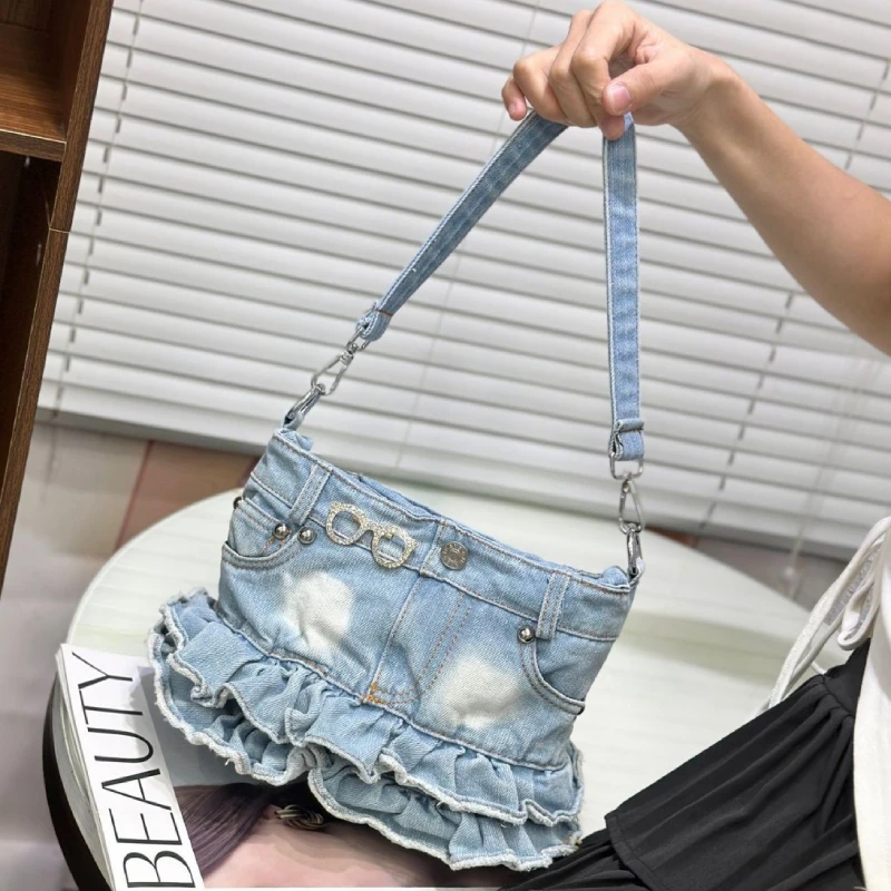 

Denim Canvas Crossbody Shoulder Bag,Ruffled Edge Skirt Style Women Sling Bag,Blue Trendy All-Match Handbag,Commuter Chic Purse