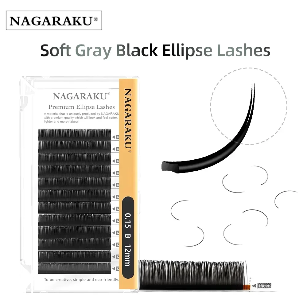 NAGARAKU Flat Ellipse Eyelash Split Tips Matte Gray Black Color Super Soft Gentle Natural Eyelash Extension Flat Shape Lashes