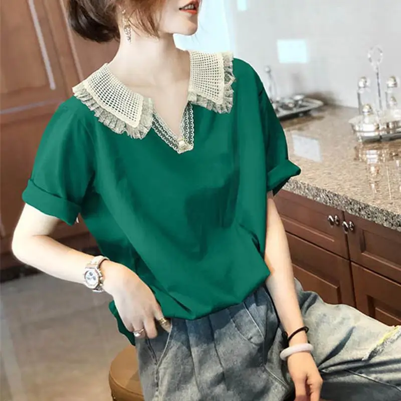 Stylish Lace Peter Pan Collar Patchwork T-shirt Casual Solid Color All-match Women\'s Short Sleeve Summer Hollow Out Pullovers