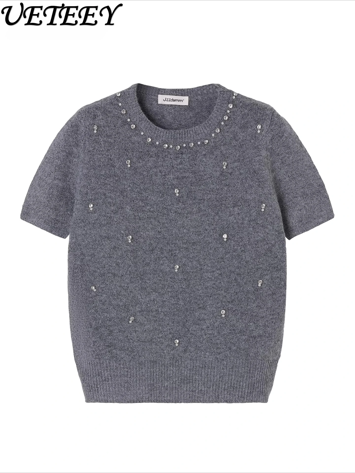 

Новый универсальный вязаный свитер с круглым вырезом и коротким рукавом, украшенный бисером, для женщин, весна 2026. Элегантный однотонный пуловер.