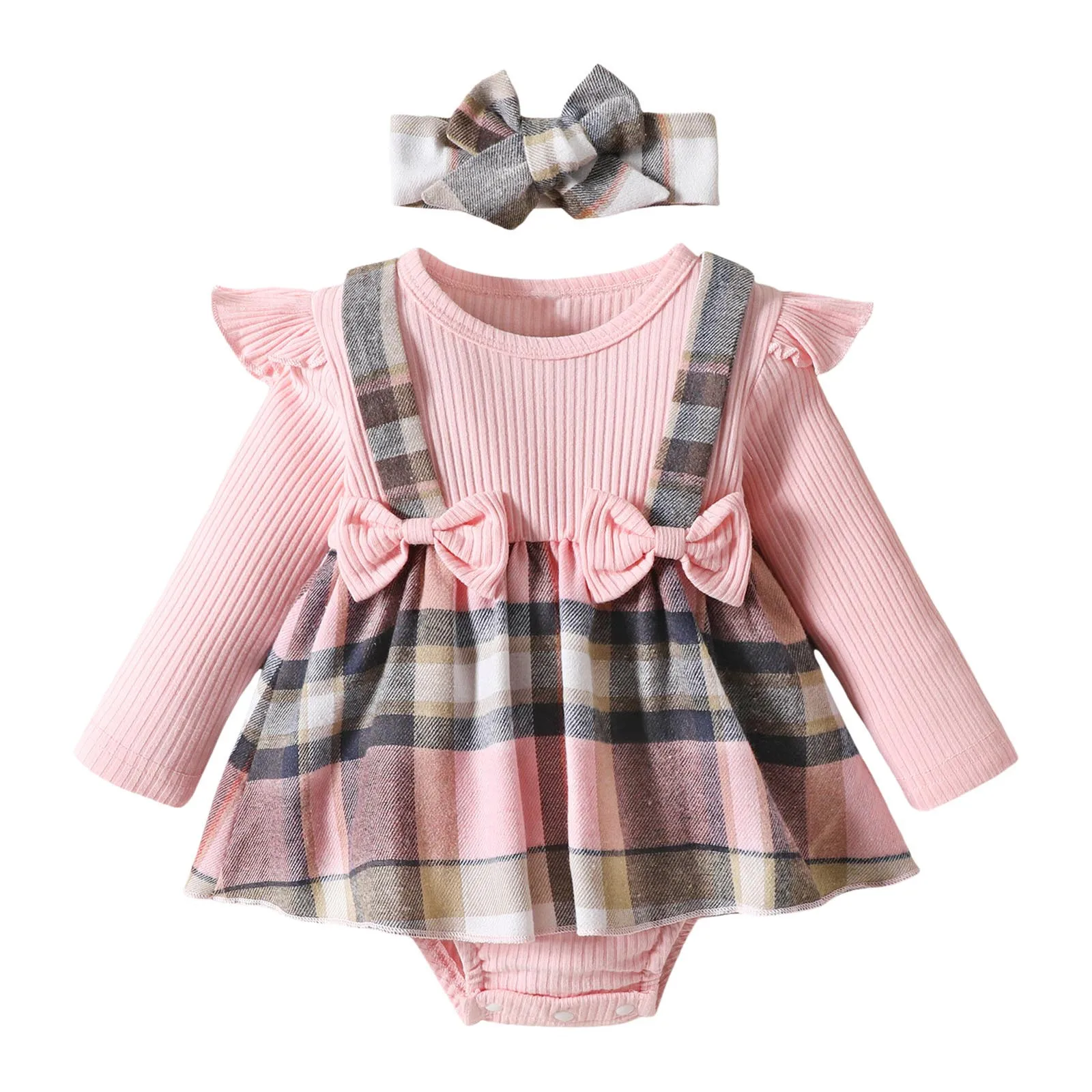 Infant Girls Long Sleeve Ribbed Bowknot Romper Newborn Plaid Bodysuits Dress Headbands Outfits Baby 6 12 Month