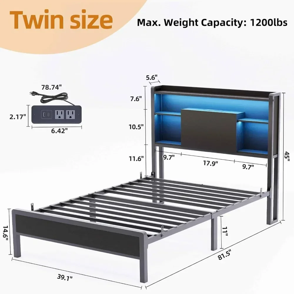 Heavy Duty Metal Platform Bed with Super Large Storage Space Headboard,Bed Frame Twin Size with LED Lights and Charging Station