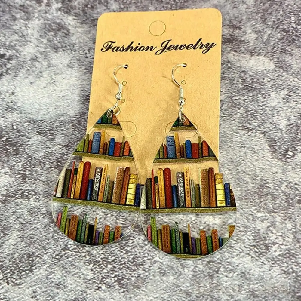 Hot Sale Acrylic Library Bookshelf Print Earrings Fashion Book Lovers Geometry Round Teardrop Wood Pendant Earrings For Woman