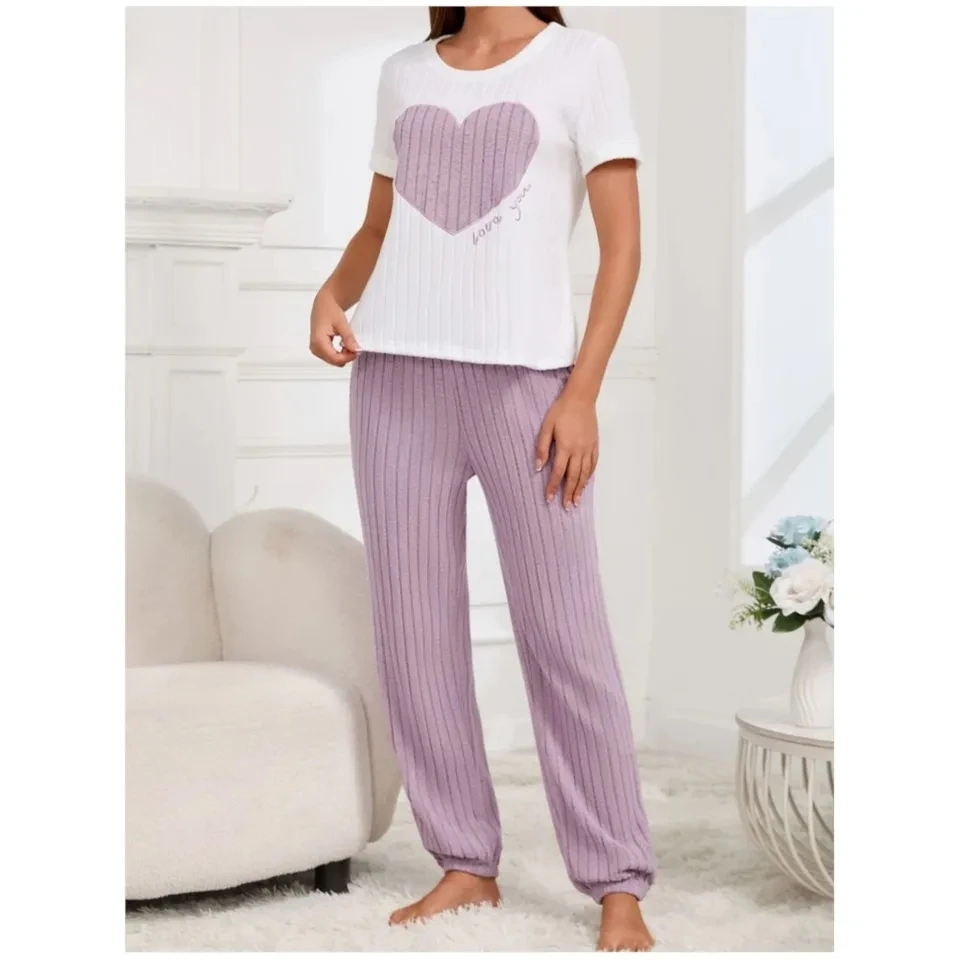 

Fashion Love Pajamas Ladies Pants Set Spring Summer New Comfort Home Clothes Casual O Neck Short Sleeve Pants Two-piece Set 2026
