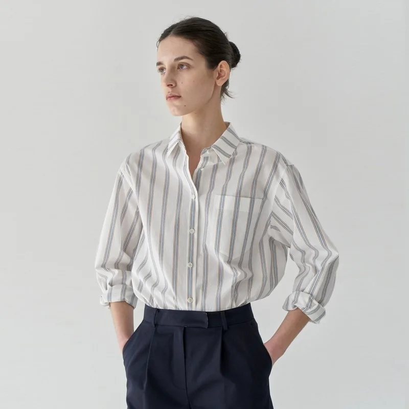 LER @ BE-Vertical Striped Shirt for Women, Versatile and Niche Design, Loose Long Sleeved Shirt, Autumn and Winter, New, 2024