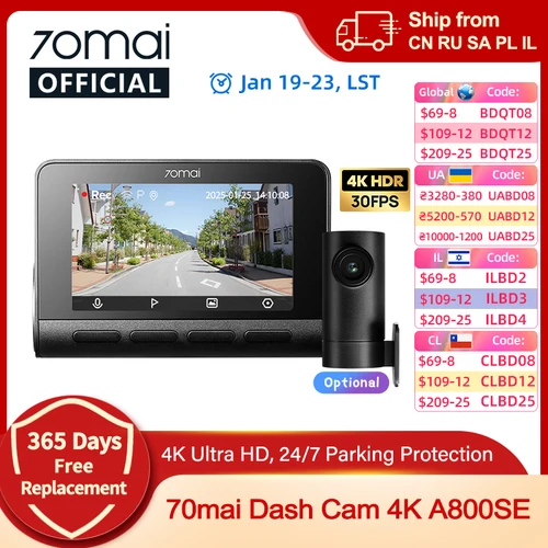 70mai A800SE 4K Soporte DVR para automóvil Cámara trasera o interior Modo de estacionamiento 24H GPS ADAS Versión mejorada de 70mai A800S