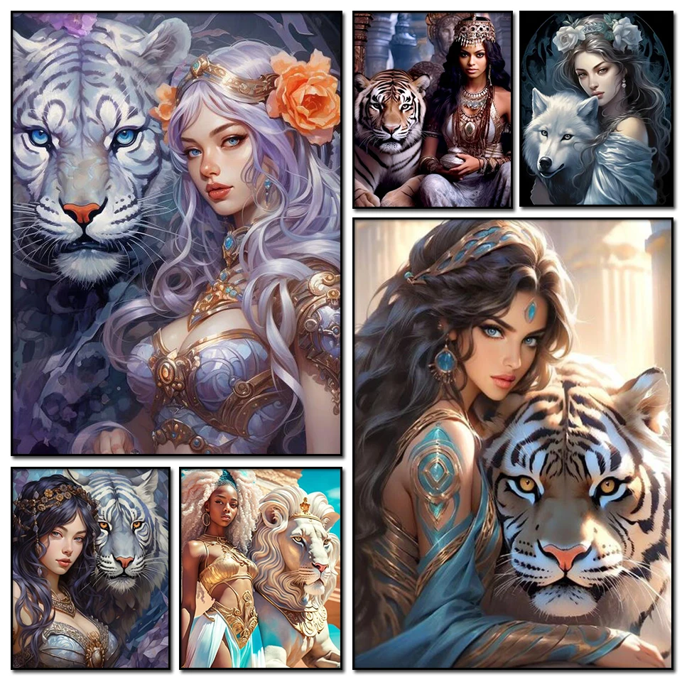 Tiger And Woman Cross Stitch Diamond Painting Sale 5d Full Square Round Diy Diamond Mosaic Beasts and Portraits Picture Of Art