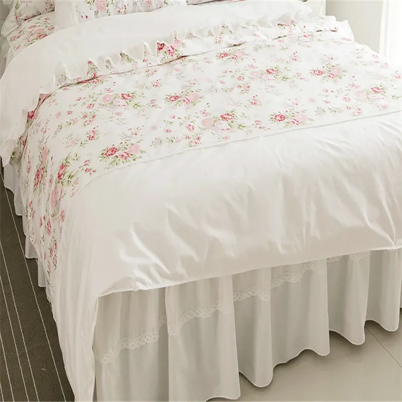 100%Cotton Soft White Pink Floral Rose Girls Bedding Set 3/4/7Pcs Single Doubel King Cal King Duvet cover Bedskirt Pillowcases