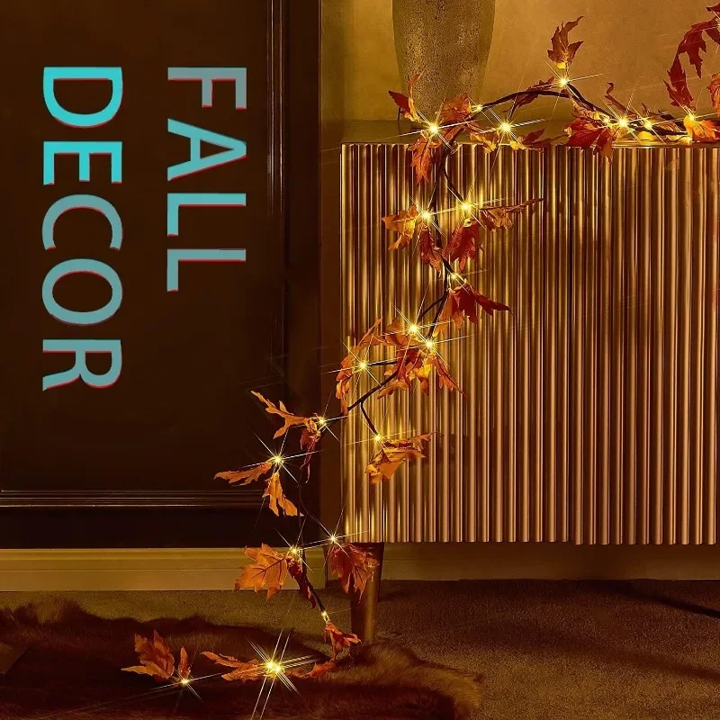 Thanksgiving Autumn Maple Leaf Vine Wall Light, Flexible Branch LED Fairy String Light Fall Maple Garland Lamp for Fireplace Wall Home Bedroom Decor