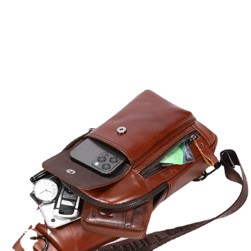 BULLCAPTAIN leather top leather chest bag slung over one shoulder and inserting mobile phone bag fashionable multifunctional.