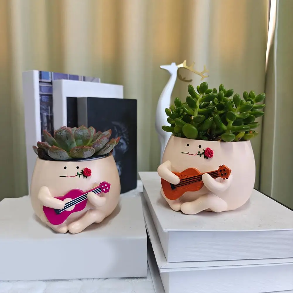 Smiling Face Planter Ukulele Head Flowerpot for Cactus Succulents Indoor/outdoor Garden Decoration with Guitar Smiling for Home