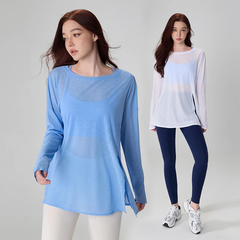 

Side Slit Dance Tops for Woman Teen Loose Dance Training T-shirt Long Sleeve Modern Dance Shirts Adults Yoga Sport Tops