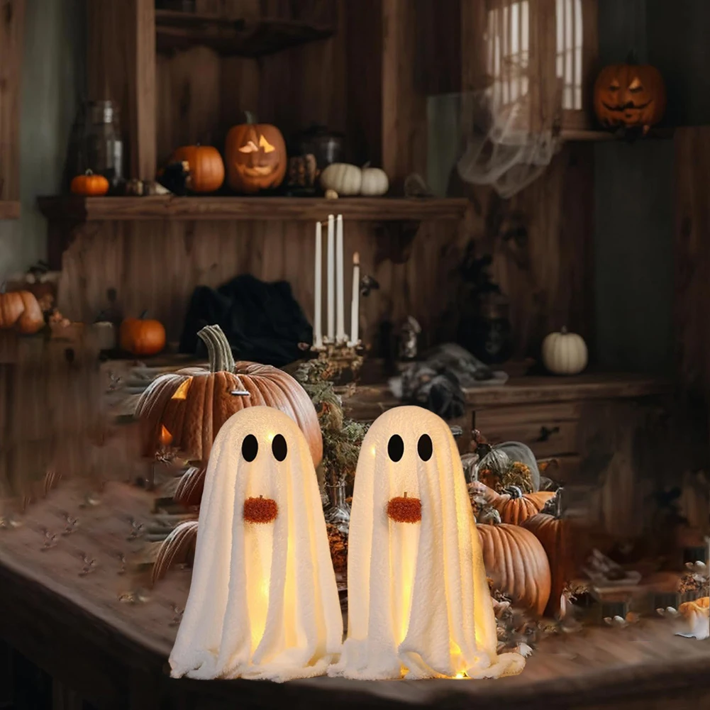 

Plush Halloween Specter 2 Piece Set with Integrated Lighting Soft and Shaggy Fabric Ghosts for Seasonal Decoration
