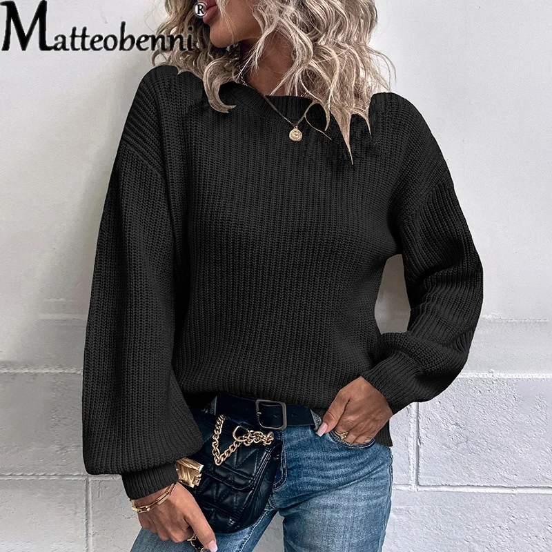 Autunno inverno maglione lavorato a maglia da donna elegante tinta unita O collo Pullover maniche a lanterna maglione caldo spesso top Casual femminile