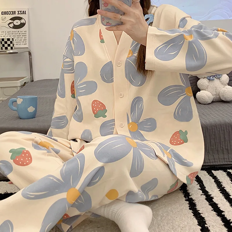 2024 Spring and Autumn Milk Silk Pajamas Women Cardigan V-Neck Long Sleeve Long Pants Thin Section Polka Dot Printed Homewear Se