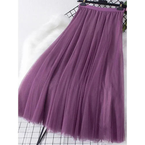 Imagen 1 del producto Falda larga de gasa con dobladillo grande para mujer, Falda larga de cintura alta, informal, coreana, simple, color sólido, tres capas, línea A, nueva