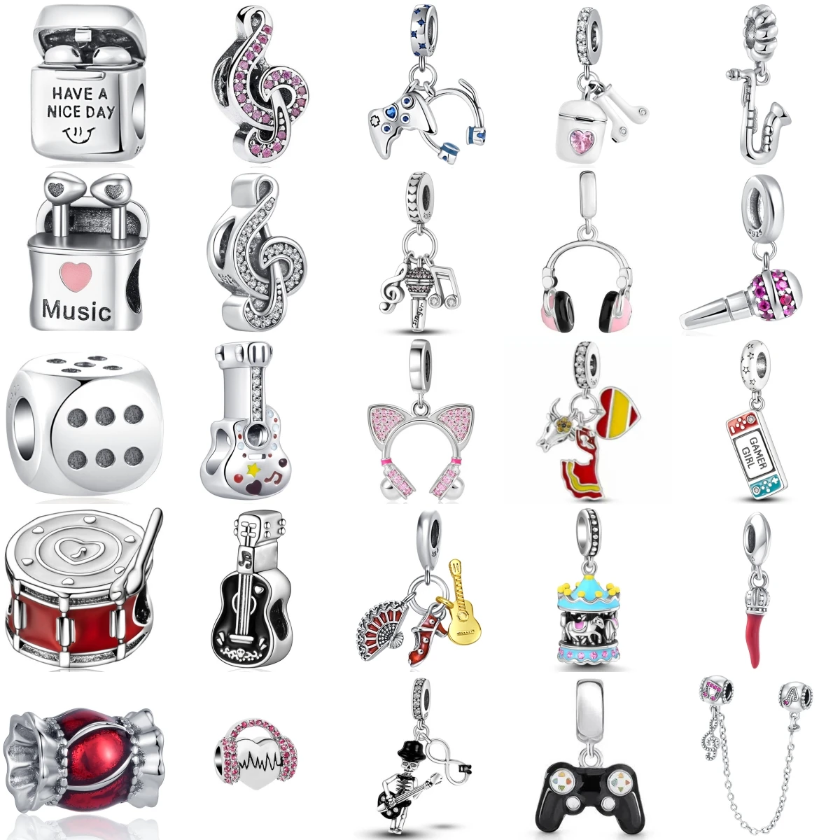 925 Sterling Silver Music Game Charms Guitar Sax Microphone Headphone Game Controller Dice Drum Jewelry Gift